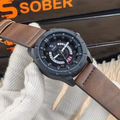Sober Watch Model 995 Premium Watch Belt Brown Dial Black Colour Watch For Man